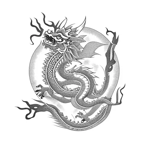 Chinese Dragon Flying Amongst Cherry Blossom Flowers Thigh