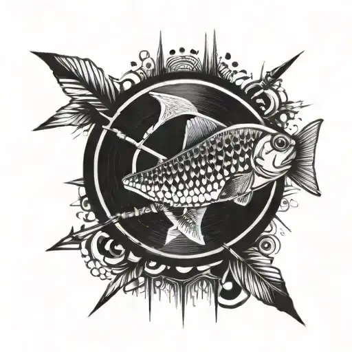 A Blackwork Tattoo Of A Fish Jumping Out Of A Vinyl Record With Hunting Arrows In The Background