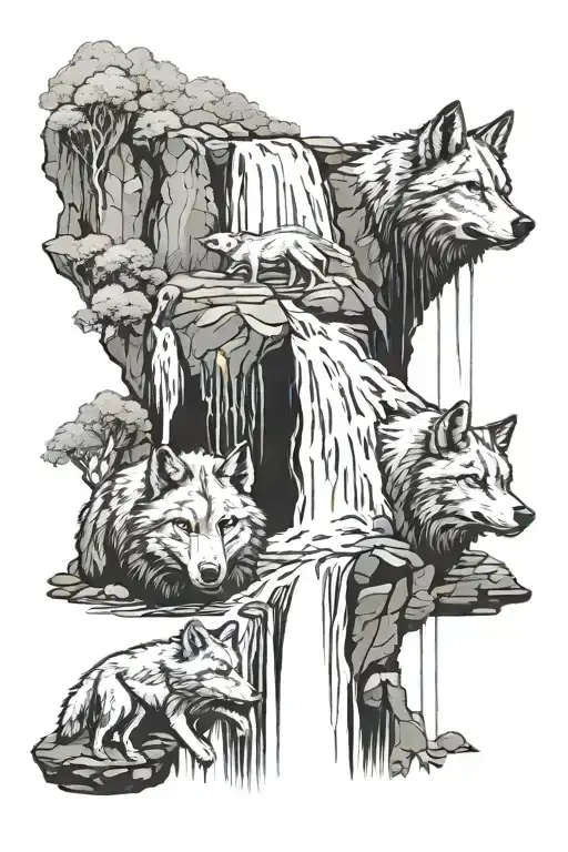 3 Small Blackout Wolfs Playing By Waterfall