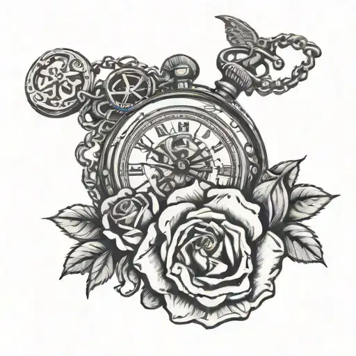 A Mechanical Rose Intertwined With A Vintage Pocket Watch And A Detailed Holy Cross