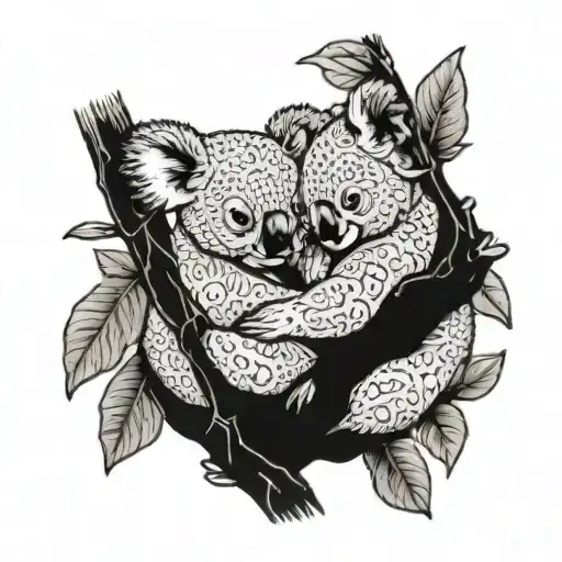 An Intricate Blackwork Tattoo Of Two Koalas Playfully Hugging On A Tree Branch