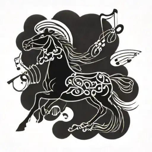 A Blackwork Tattoo Of A Horse Galloping Through A Field Of Musical Notes