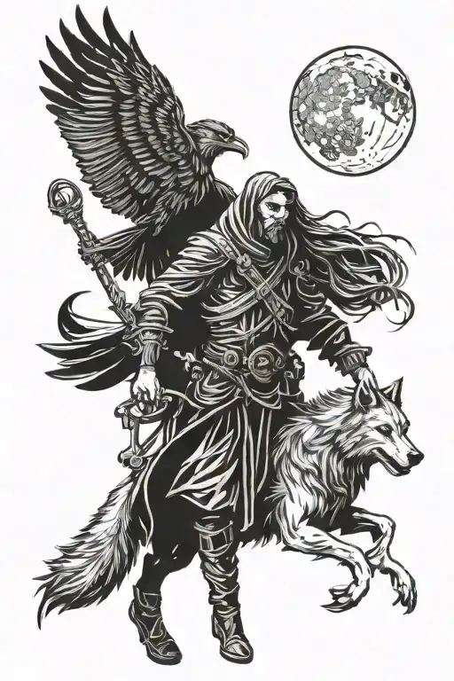 Warlock With Wolf And Raven Waxing Moon Shining