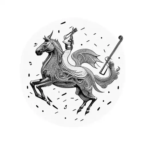 A Mythical Creature Playing A Musical Instrument While Riding A Horse