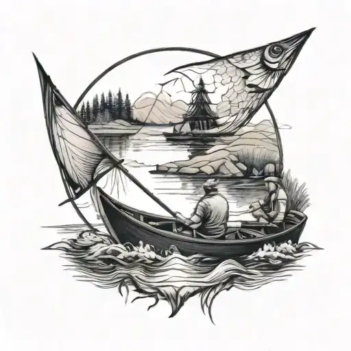A Detailed Blackwork Tattoo Of A Fishing Scene With A Serene Lake And A Fisherman In A Boat