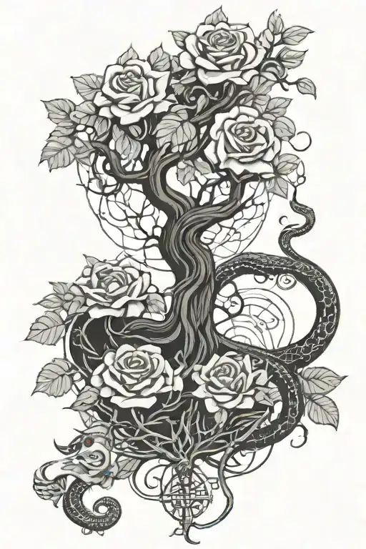 Tree Of Life With Roses Blooming And Money And A Snake