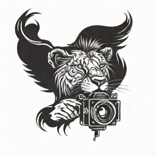 A Lion Head With A Videographer's Camera As Its Eye