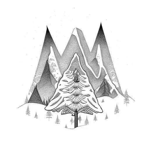 A Blackwork Tattoo Of A Mountain Range Rising Above A Snowy Pine Tree Forest