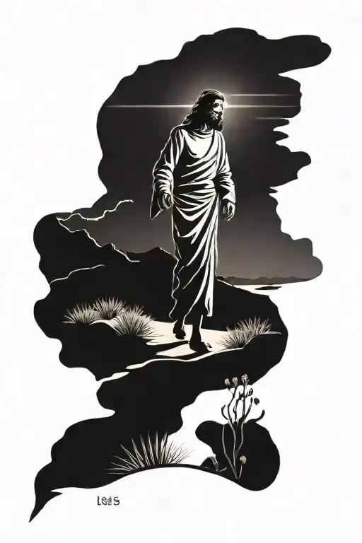 A Silhouette Of Jesus Walking In The Arizona Desert At Sunset