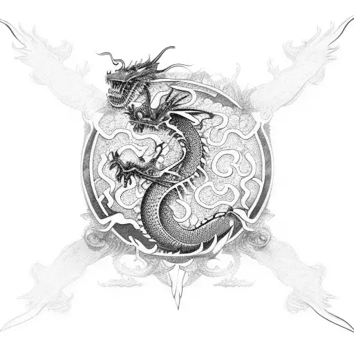 A Knife With An Intricate Dragon Handle In A Blackwork Style