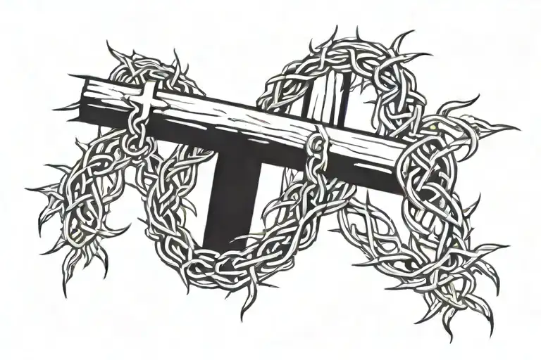 A Ring Of Thorns With The Crucified Jesus Ad Two Crosses On Either Side As An Arm Band