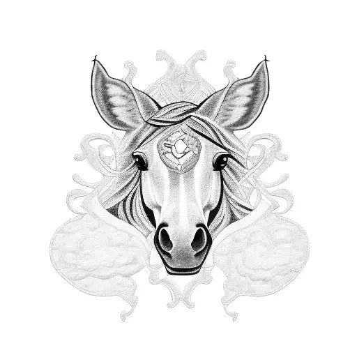 A Blackwork Tattoo Of A Horse Named Zurana Surrounded By A Border Of Various Sour Candy Wrappers