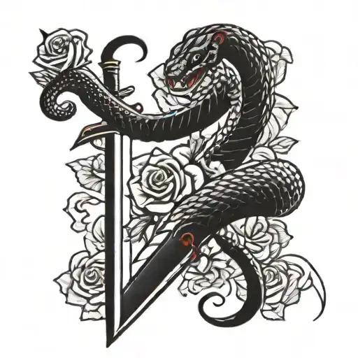 Snake Slithering Up A Sword Dripping Blood With Flowers At The Bottom