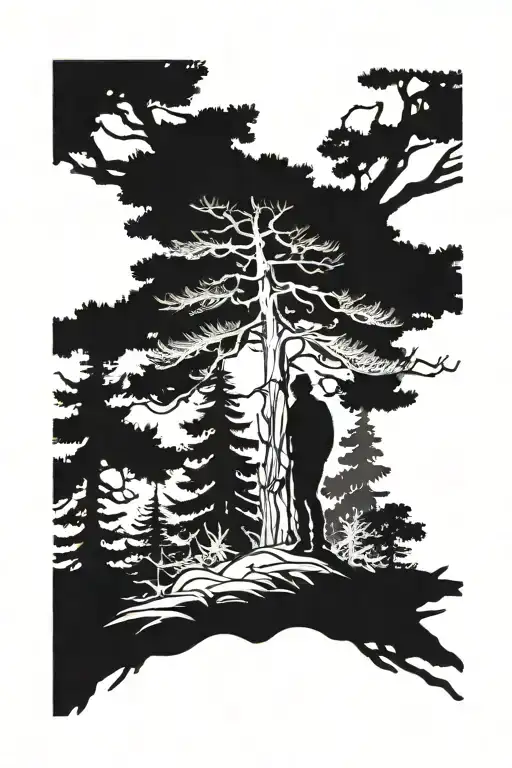 Silhouette Of Man Leaning Against A Pine Tree