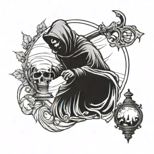 A Grim Reaper With Sytche On The Back And Holding Small Hour Glass With One Hand