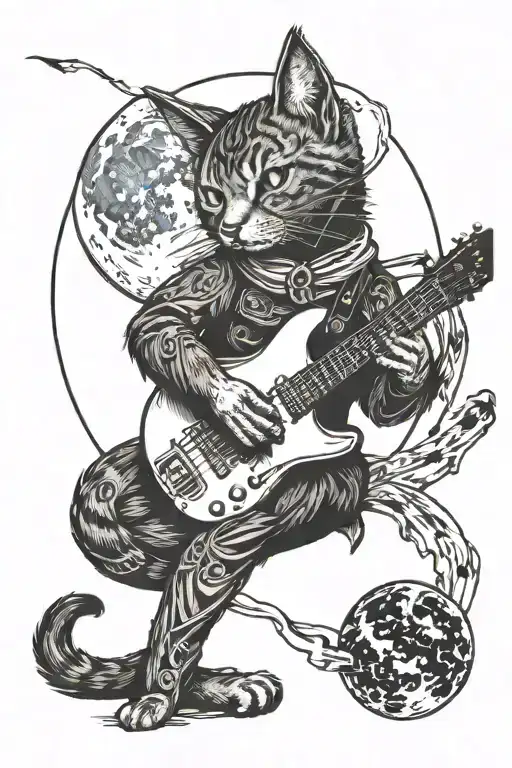 Cat With Bat Wings With The Moon And An Electric Guitar