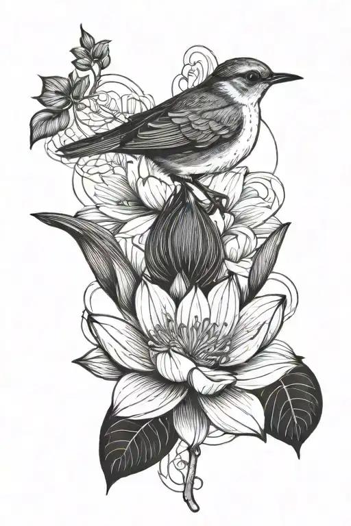Lotus Flower And Robin Bird