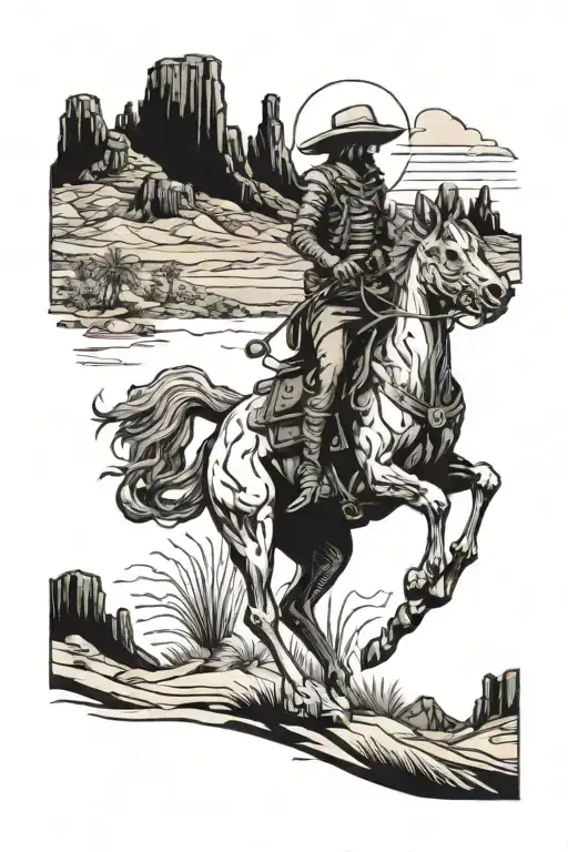 A Skeletal Cowboy Riding A Ghostly Horse Through A Desert Landscape