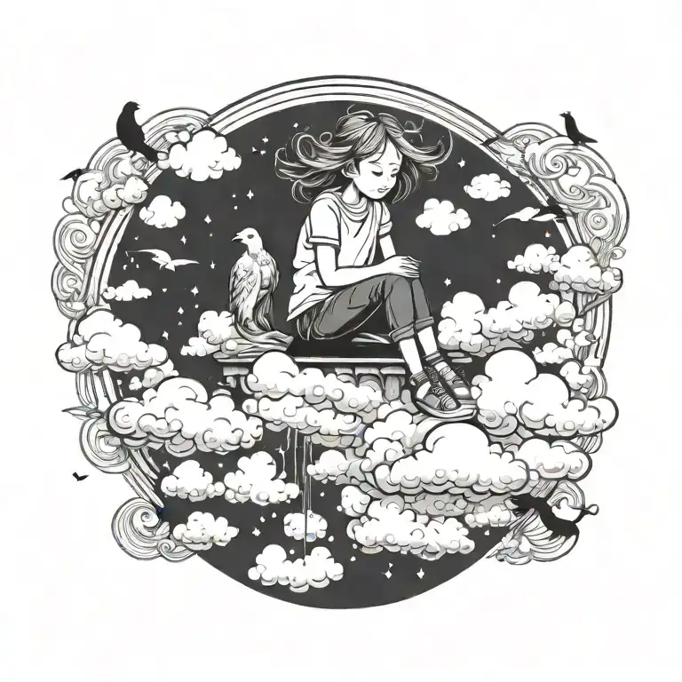 A Portal That Shows A Little Girl Sitting On Clouds On Calm Clouds With Birds Flying