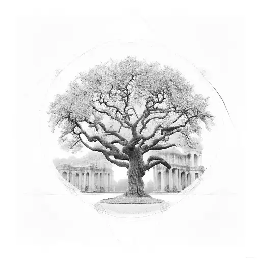 A Majestic Oak Tree With Intricate Roman Architectural Details Intertwined Within Its Branches