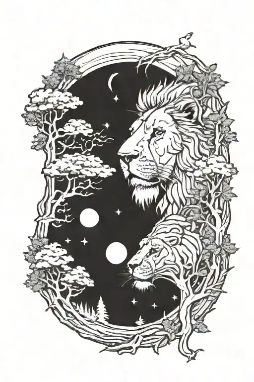 Lions Face On Top Of A Woods With Tall Trees And A Moon In The Sky
