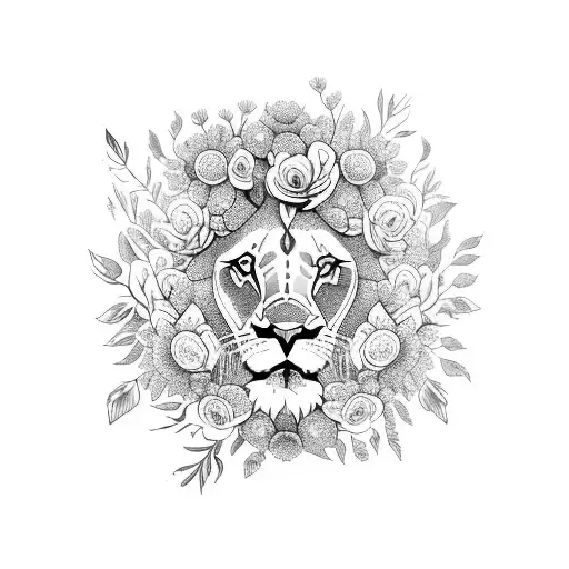 A Lion Surrounded By A Vibrant Bouquet Of Flowers And Butterflies