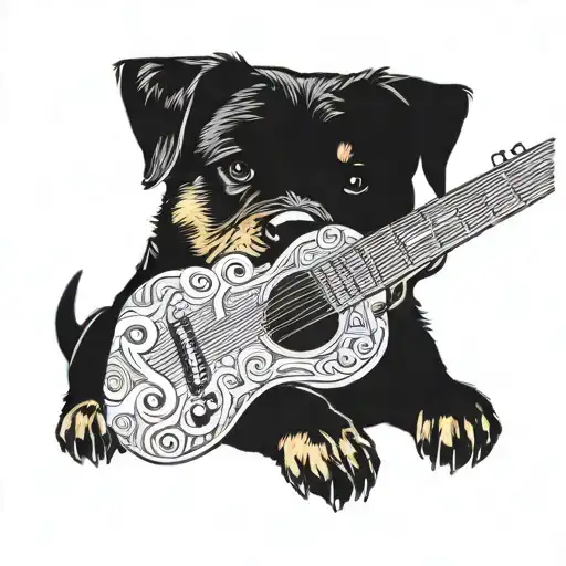 A Rottweiler Playing A Guitar In A Blackwork Style