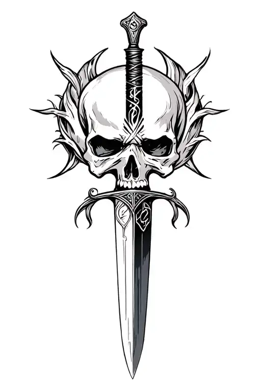 Sharp Long Dagger With Runes Shaded Skull Head