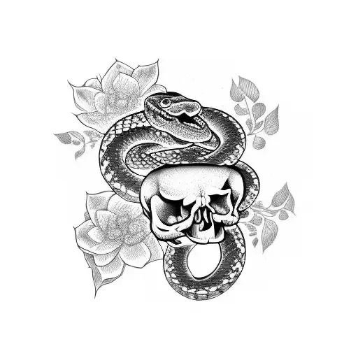 A Snake Coiled Around A Skull Surrounded By Flowers