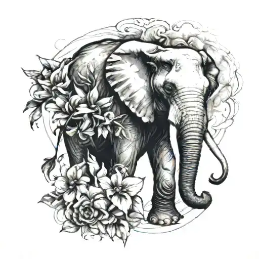 Realist Elephant With 3 Different But Similar Flowers Blooming From It With Fire Traces