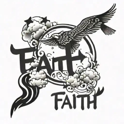 Word Faith With Clouds And Birds Flying And Cross Forearm