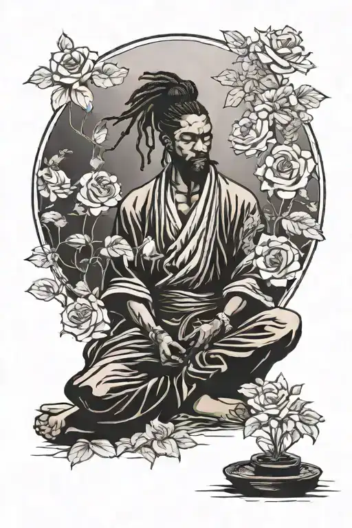 Black Samurai With Dreadlock Ponytail Meditating In Rose Garden