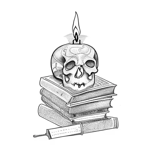 A Skull With A Candle On Top Of Books