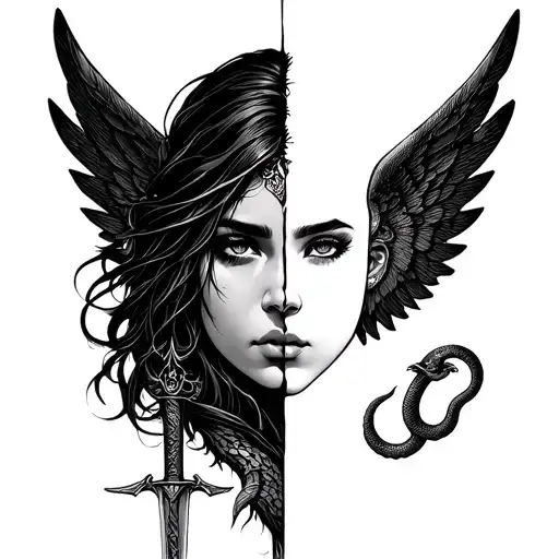 Female Face Crom Front Cut In Half And Other Side A Wing With Snake And Sword