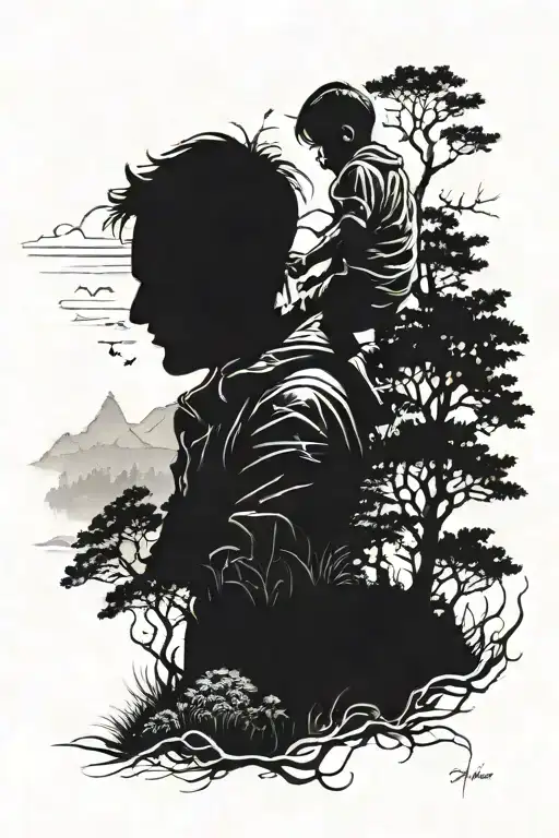 A Silhouette Of A Father Carrying His Child On His Shoulders In A Nature Scene