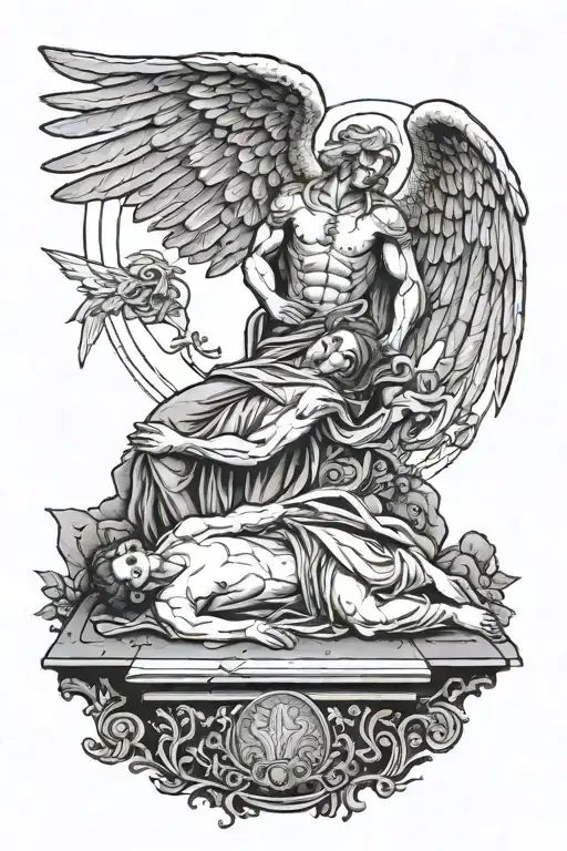 Guardian Angel Man Near A Girl Lying On The Grave