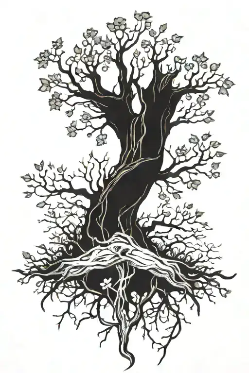 Dead Tree With Creeping Vines And Flowers