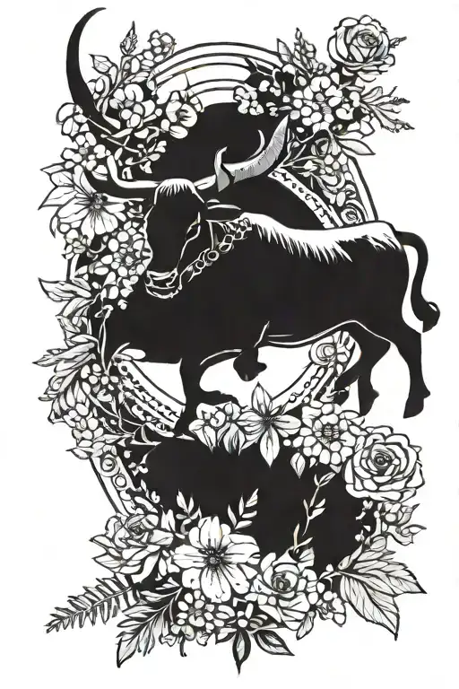 A Silhouette Of A Longhorn Bull Surrounded By A Wreath Of Wildflowers