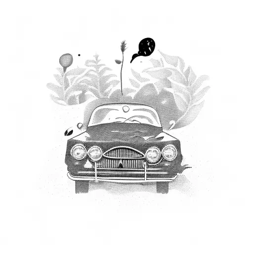 A Whimsical Blackwork Tattoo Of A Vintage Car Driving Through A Field Of Coffee Beans