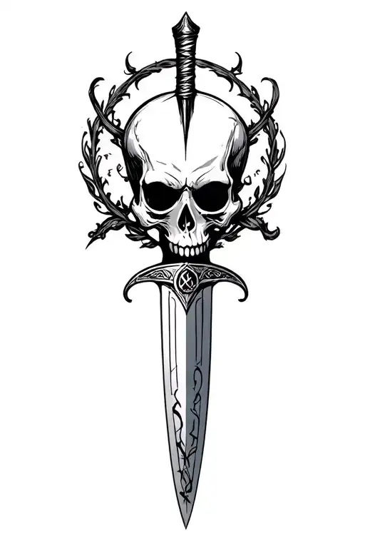 Sharp Long Dagger With Runes Shaded Skull Head