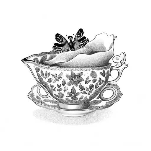 Floral Teacup Surrounded By Butterflies