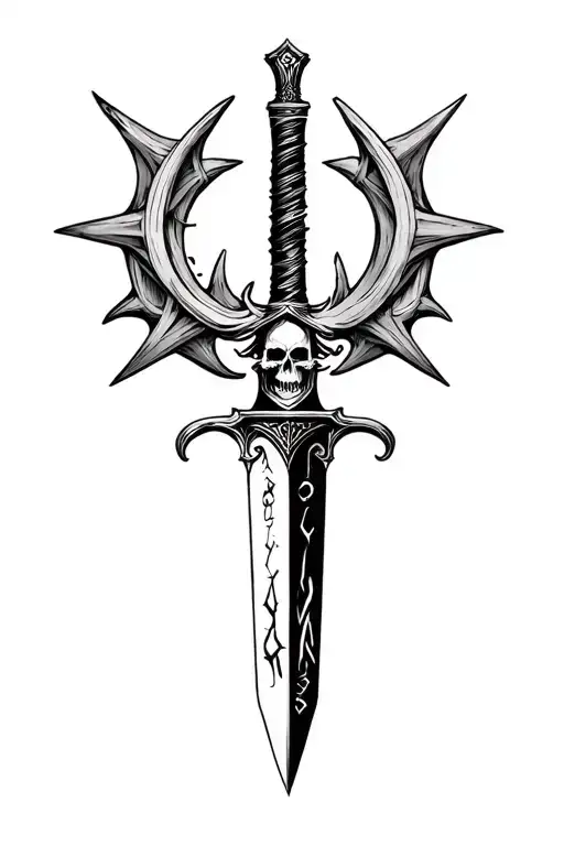Sharp Long Dagger With Runes Shaded Skull Head