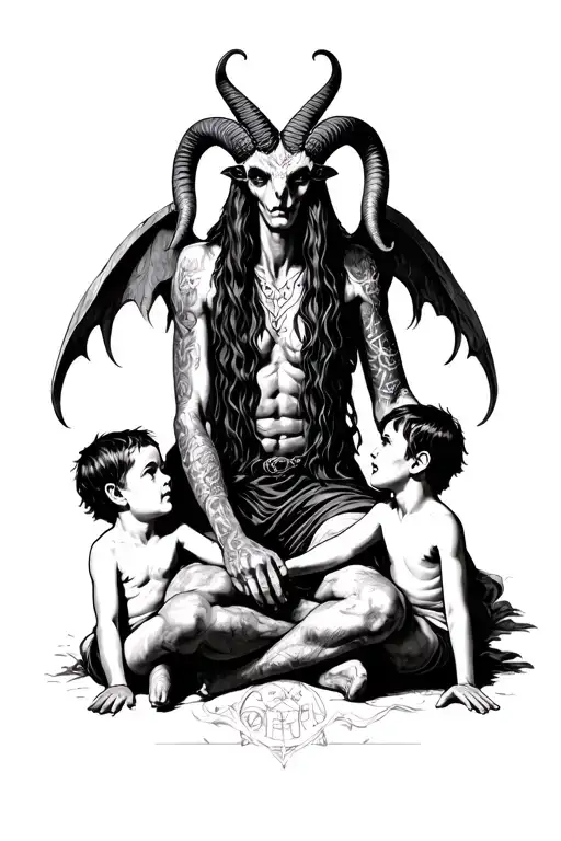 Baphomet Sitting With Two Children Looking Up To Him