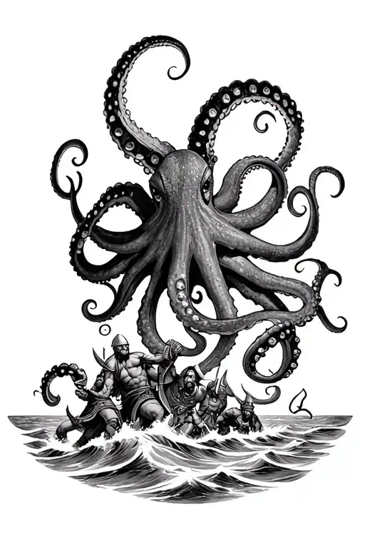 A Huge Octopus Fighting Vikings On The Shores Of The Scandinavian Sea