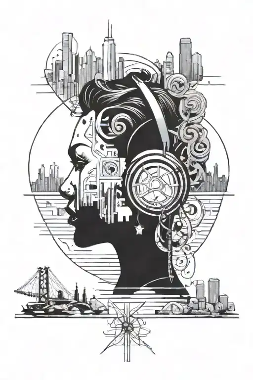 An Abstract Ear Design Incorporating Elements Of Film And The California And Chicago Cityscapes