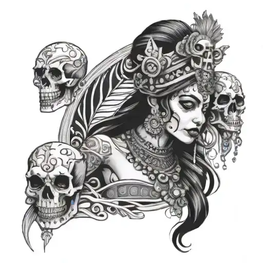 Modern Age Kaali Indian Goddess With Skulls Black And Grey