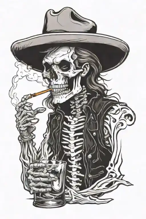 Skeleton Mullet Cowboy Smoking And Drinking Whiskey