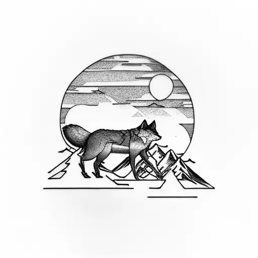 Forrest With Wolf And Mountains And Sun In Background