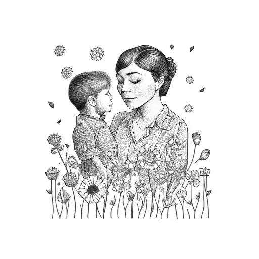 A Blackwork Tattoo Of A Mother And Son Playing In A Field Of Wildflowers