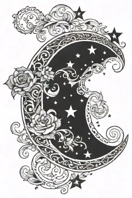 Cresent Moon With Stars And Swirls Around It